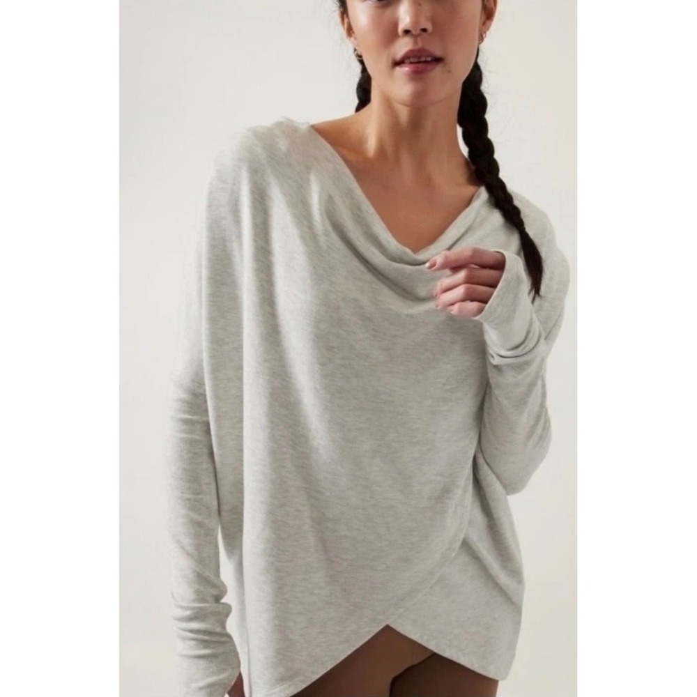 Athleta Purana Wrap Sweatshirt Gray Heathered Hooded Crossover Pullover Large